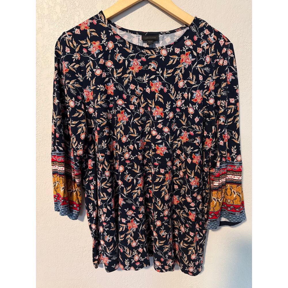 J. Jill Wearever Collection floral tunic top navy blue 3/4 sleeves SZ LP